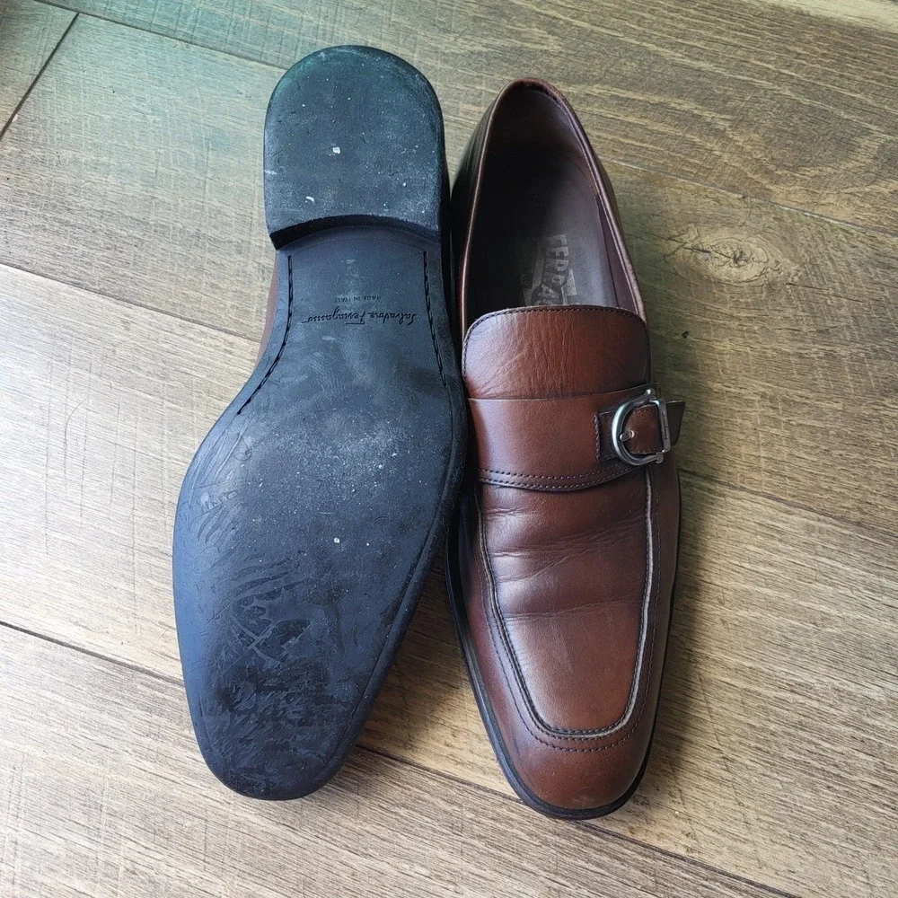 Salvatore Ferragamo Mens Brown Leather Monk Strap Loafers 7.5 D 20709 Italy